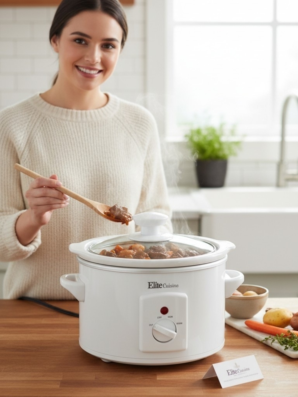 Elite Cuisine MST-250XW 1.5 Qt Slow Cooker White, Keep Warm, Glass Lid
